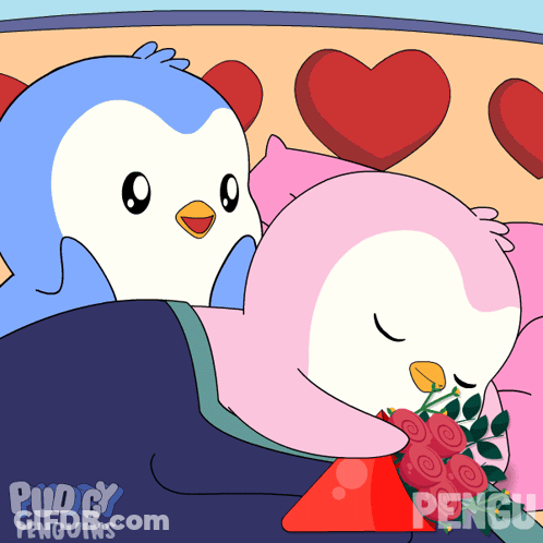 Two Penguins Laying On Bed Saying Pudgy Penguins GIF