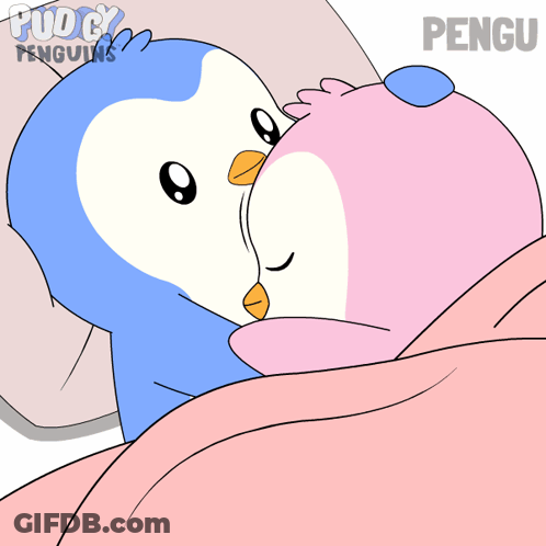 Two Penguins Laying On Bed With Name Pengu GIF