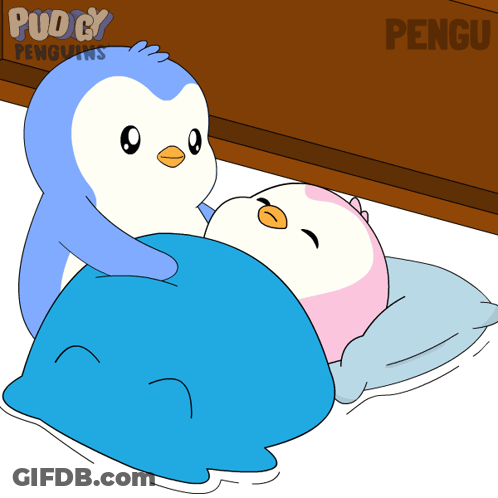 Two Penguins Laying On Bed With Pengu GIF