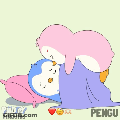 Two Penguins Laying On Each Other Saying Pengu GIF