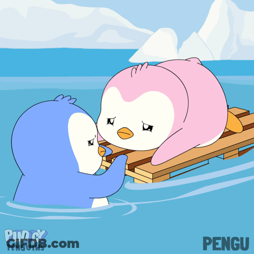 Two Penguins Laying On Wooden Raft Named Pengu GIF