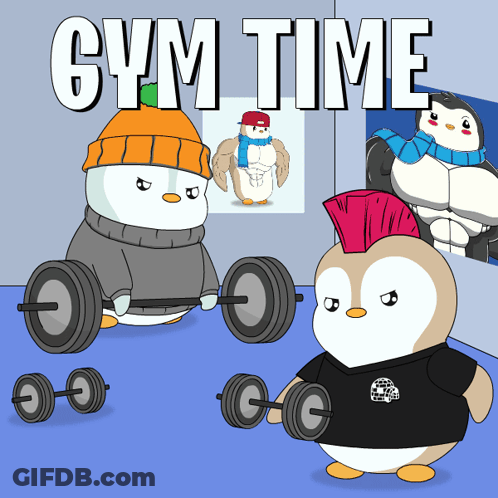 Two Penguins Lifting Dumbbells Gym Time GIF
