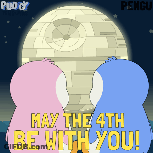 Two Penguins Looking At Death Star GIF