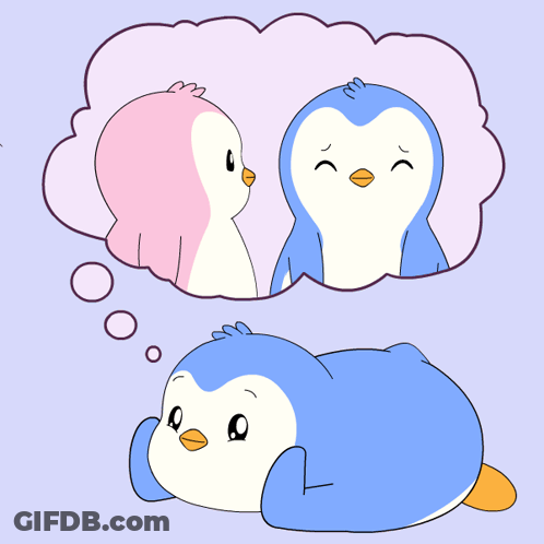 Two Penguins Looking At Each Other With Pink Thought Bubble GIF
