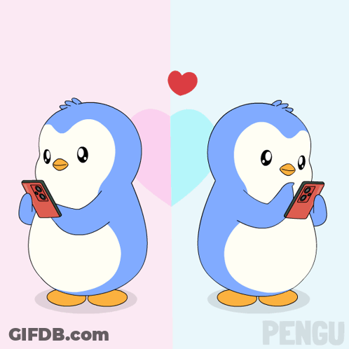Two Penguins Looking At Phones With Word Pengu GIF