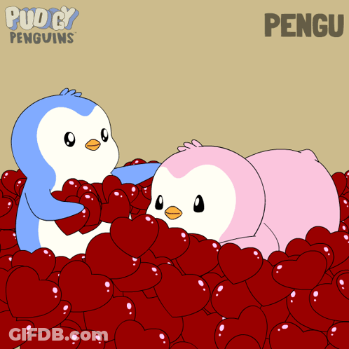Two Penguins Lying In Red Hearts With Word Pengu GIF