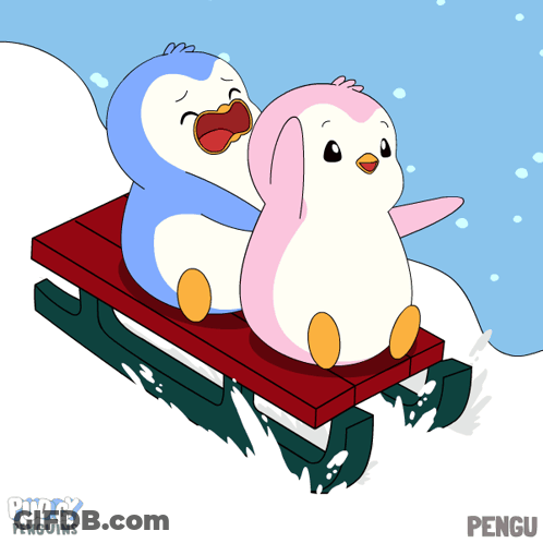 Two Penguins On A Sled With Word Pengu GIF