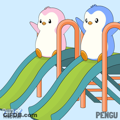 Two Penguins On A Slide With Word Pengu GIF