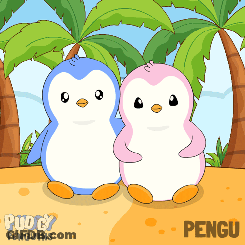 Two Penguins On Beach With Pudgy Penguins GIF