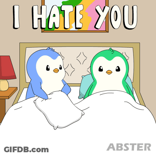 Two Penguins On Bed Saying I Hate You GIF