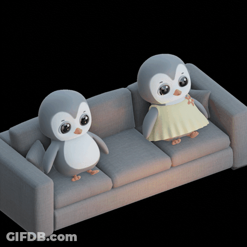 Two Penguins On Grey Couch One In Yellow Dress GIF