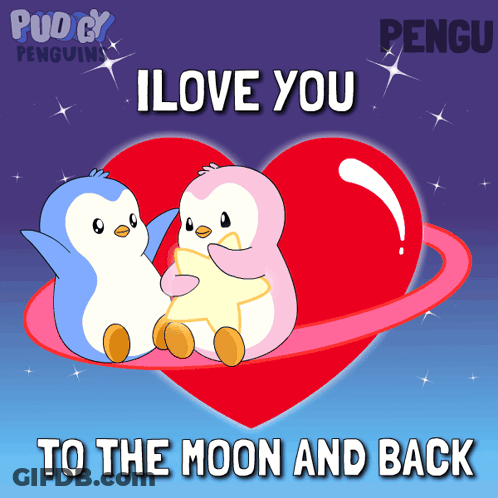Two Penguins On Heart Saying I Love You To The Moon And Back GIF