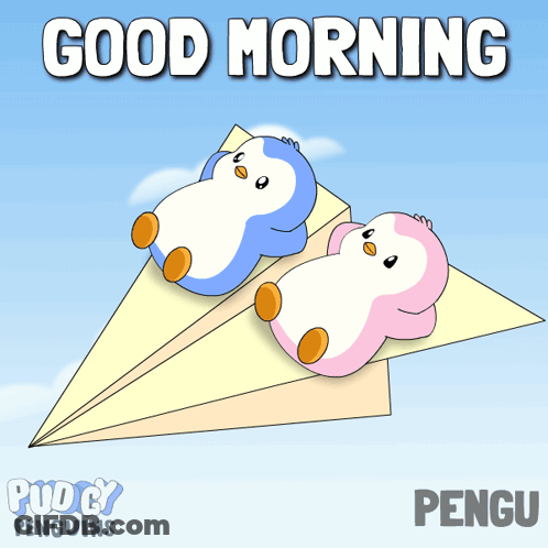 Two Penguins On Paper Airplane Saying Good Morning Penguins GIF