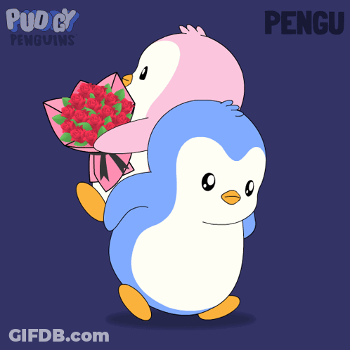 Two Penguins On Sled With Word Pengu GIF