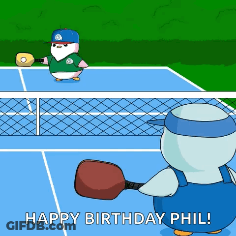 Two Penguins On Tennis Court Saying Happy Birthday Phil GIF