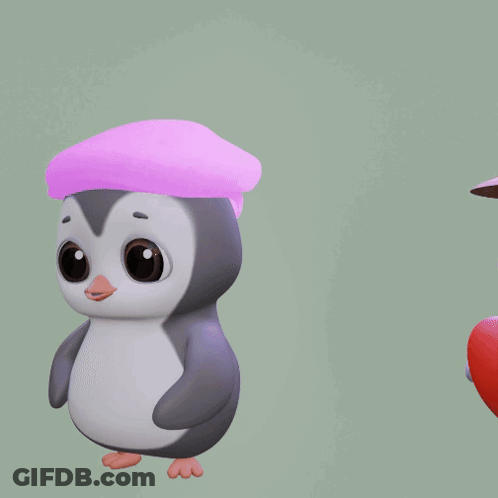 Two Penguins One Wearing A Pink Hat And One Holding A Heart GIF