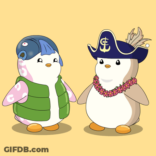Two Penguins One Wearing A Pirate Hat And The Other Wearing A Flower Lei GIF