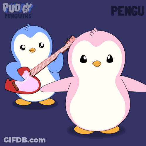 Two Penguins Playing Guitars With Word Pengu GIF
