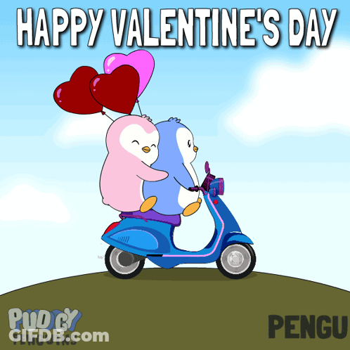 Two Penguins Riding A Scooter With Balloons And The Words Happy Valentine 'S Day On The Bottom GIF