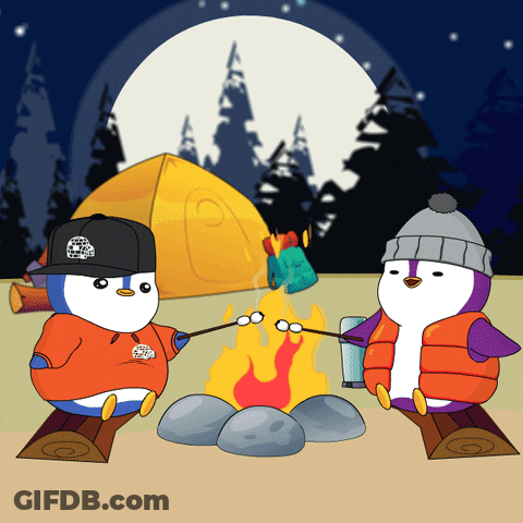 Two Penguins Roasting Marshmallows GIF