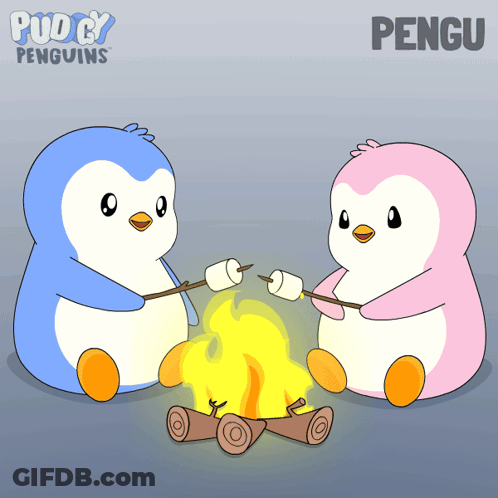 Two Penguins Roasting Marshmallows By Fire With Pengu GIF