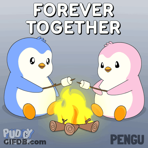 Two Penguins Roasting Marshmallows Over Campfire Forever Together GIF