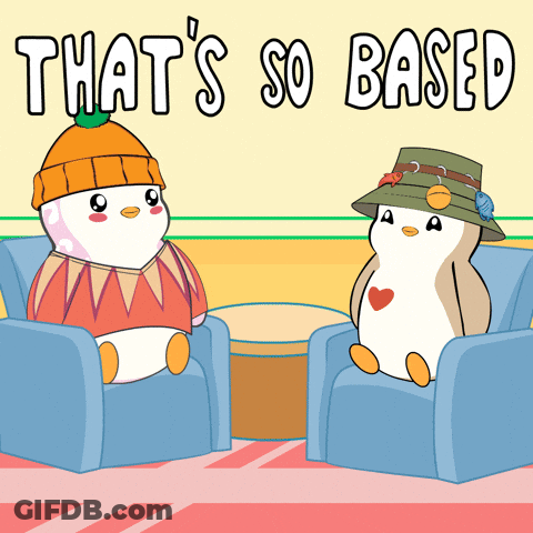 Two Penguins Sitting In Chairs That's So Based GIF