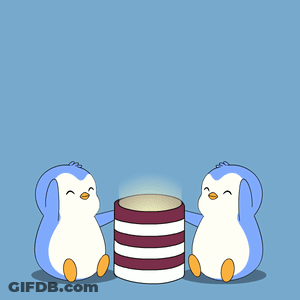 Two Penguins Sitting Next To A Green Candle With Melted Wax GIF