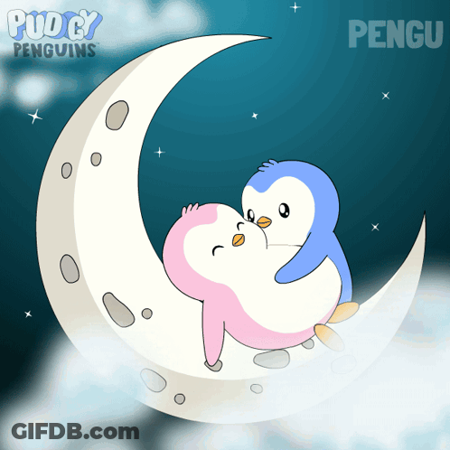 Two Penguins Sitting On Crescent Moon With Pengu GIF
