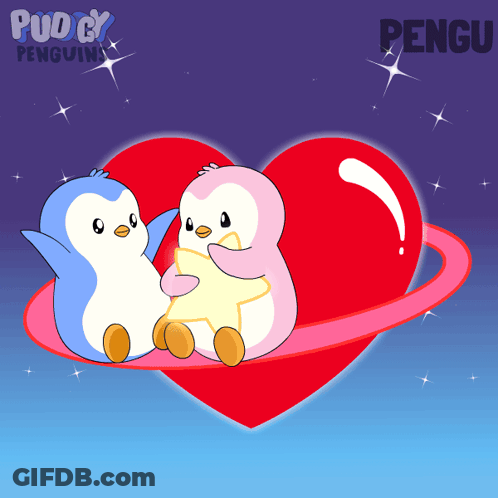 Two Penguins Sitting On Heart With Word Pengu GIF