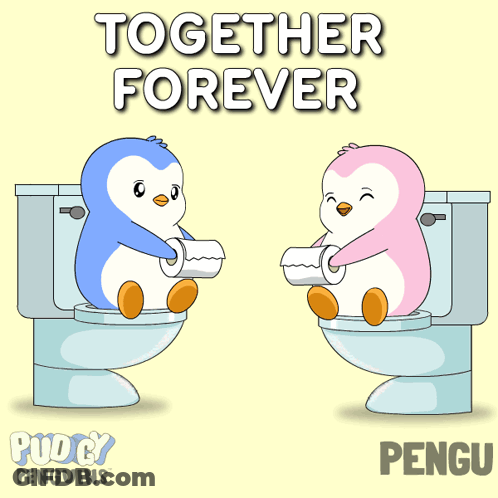 Two Penguins Sitting On Toilets Together Forever GIF