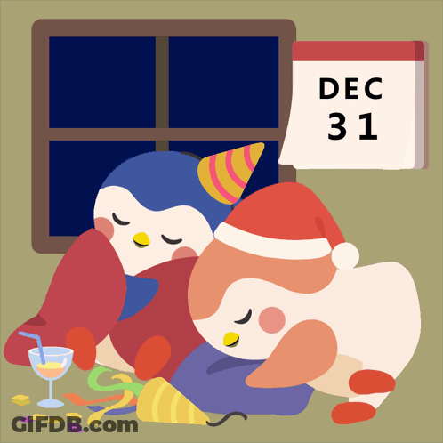 Two Penguins Sleeping Next To December 31 Calendar GIF