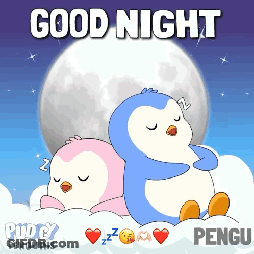 Two Penguins Sleeping On Cloud Saying Good Night Pengu GIF