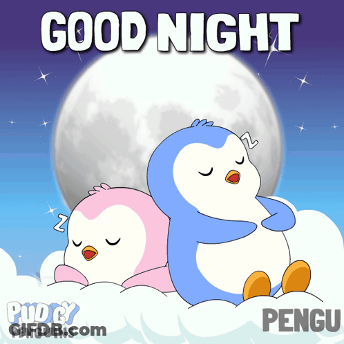 Two Penguins Sleeping On Cloud Saying Good Night GIF