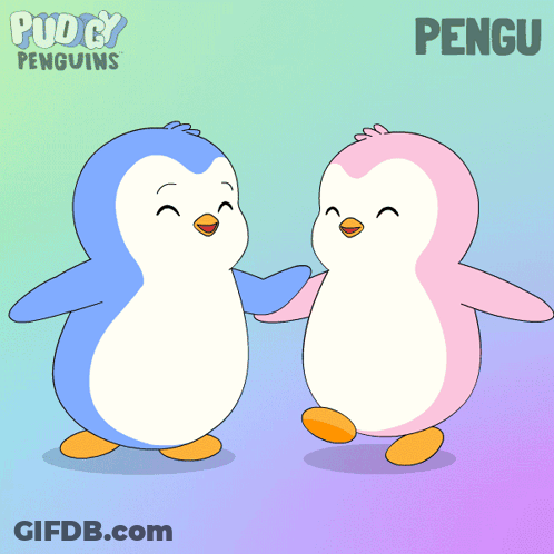 Two Penguins Standing Beside Pudgy Penguins Poster GIF