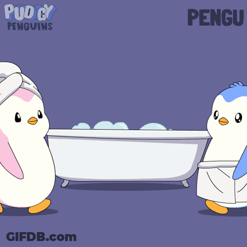 Two Penguins Standing By Bathtub With Hearts And Word Pengu GIF