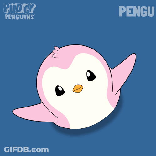 Two Penguins Standing In Front Of Heart With Word Pengu GIF