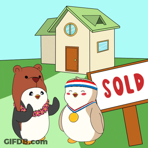Two Penguins Standing Next To A Sold Sign GIF