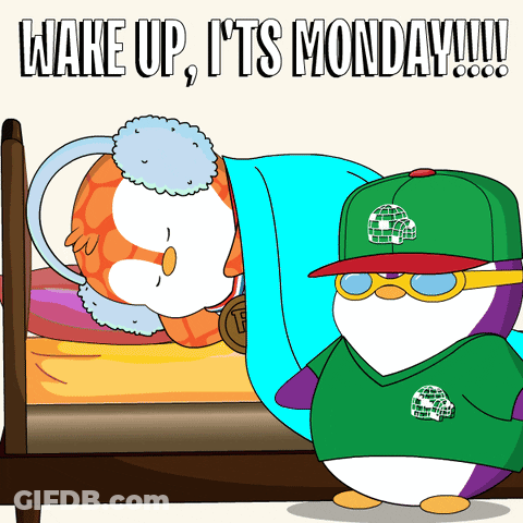 Two Penguins Standing Next To Bed Saying Wake Up It's Monday GIF