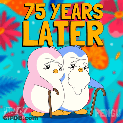 Two Penguins Standing Next To Each Other 75 Years Later GIF
