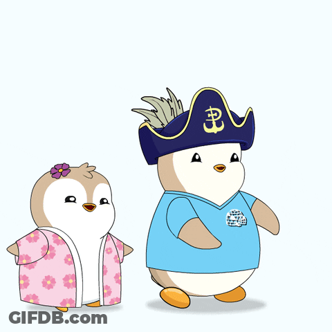 Two Penguins Standing Next To Each Other With Saturday Written On The Bottom GIF