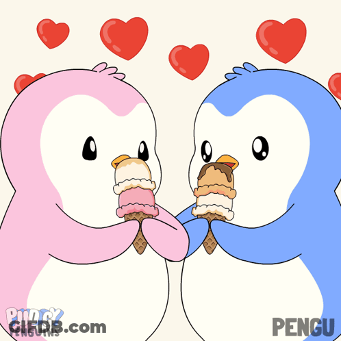 Two Penguins Standing On Beach With Pudgy Penguins GIF