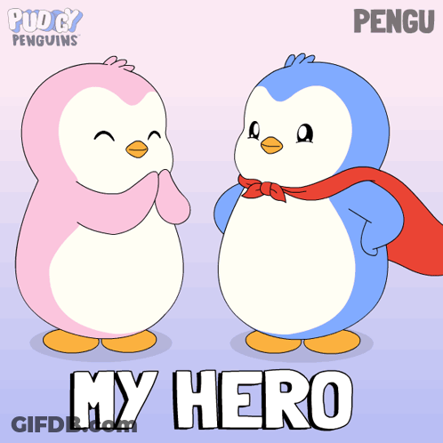 Two Penguins Standing Together Saying My Hero GIF