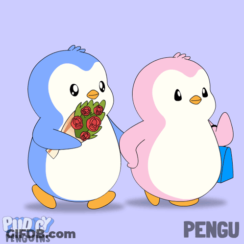 Two Penguins Standing Together With Pengu Word GIF