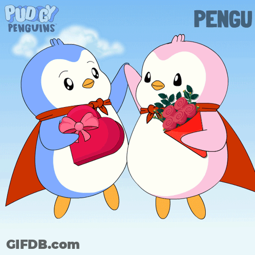 Two Penguins Standing Together With Word Pengu GIF
