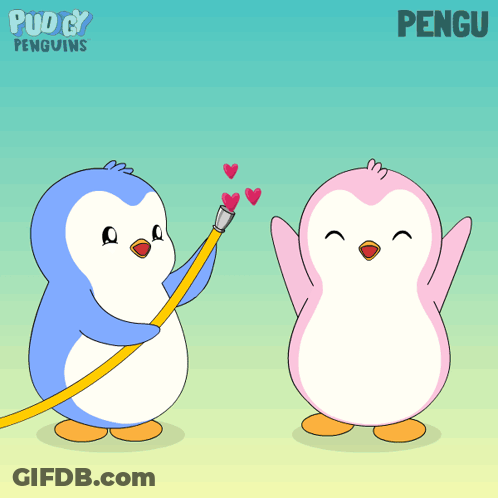Two Penguins Standing Together With Word Pengu GIF