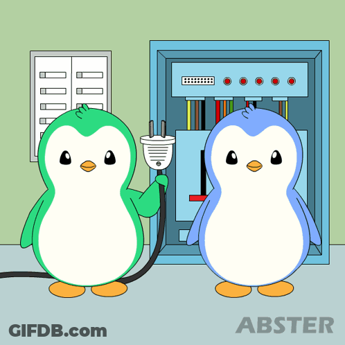 Two Penguins Standing With Abster Logo GIF