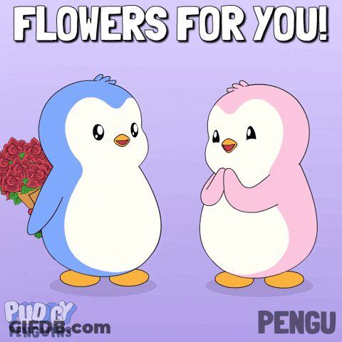 Two Penguins Standing With Flowers For You GIF