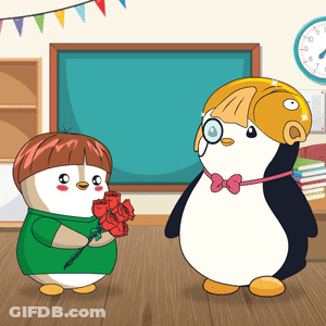 Two Penguins Standing With Roses GIF