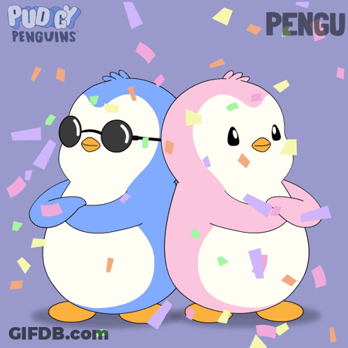 Two Penguins Standing With Word Pengu GIF